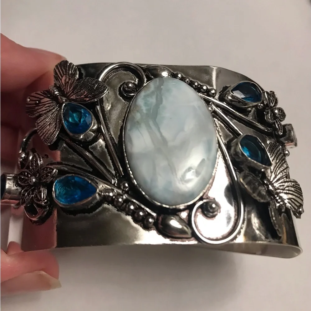 Larimar Blue Topaz Stamped Solid 925 Sterling Silver Cuff Bracelet